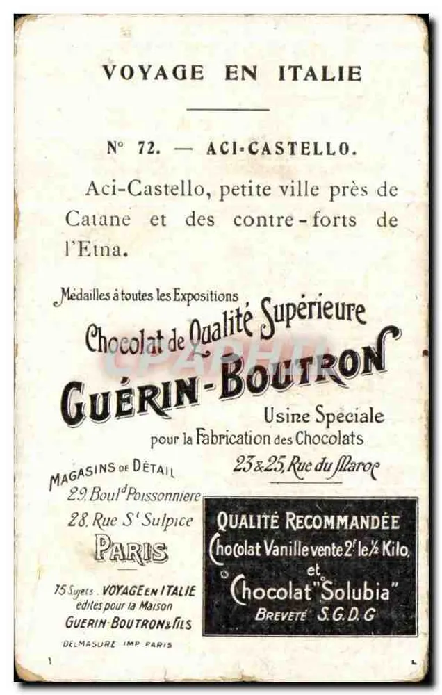 Aci-Castello — Ansicht des Schlosses und des Hafens — Chocolat Guérin-Boutron, N° 72 - Rückseite