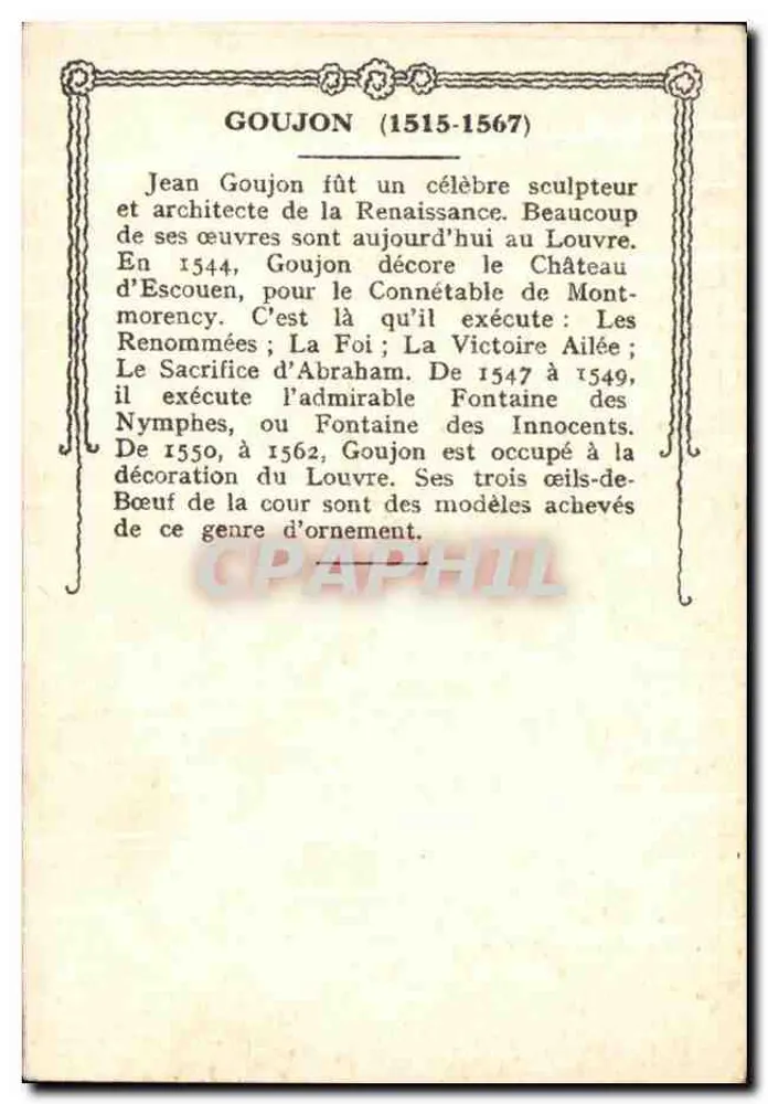 Jean Goujon — Escultor e Arquiteto Francês da Renascença — Goujon (número de série não visível) - Verso