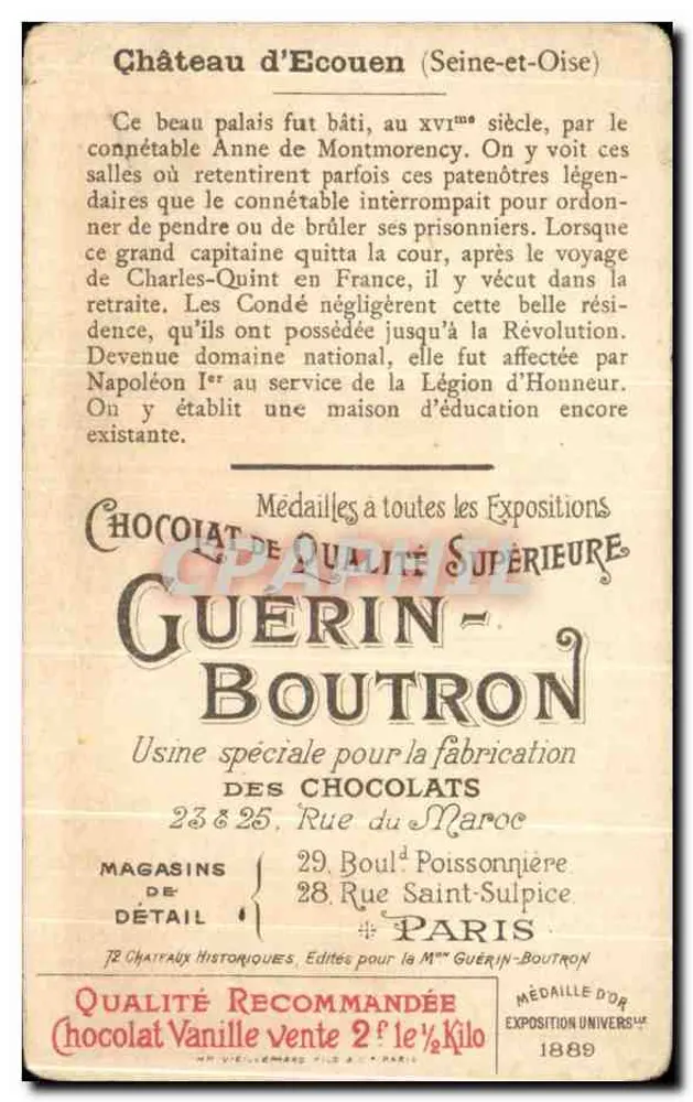 Castelo de Écouen — Seine-et-Oise — Chocolate Guérin-Boutron, n° 69 - Verso