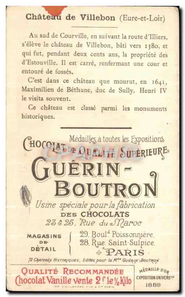 Schloss Villebon — Eure-et-Loir — Chocolat Guérin-Boutron, n° 52 - Rückseite