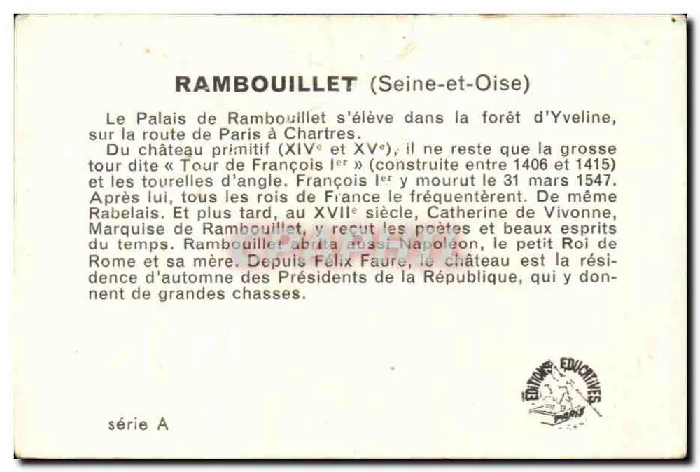 Château de Rambouillet — vue du château avec couple et chien — éditeur Raylaubiet, série A - Verso