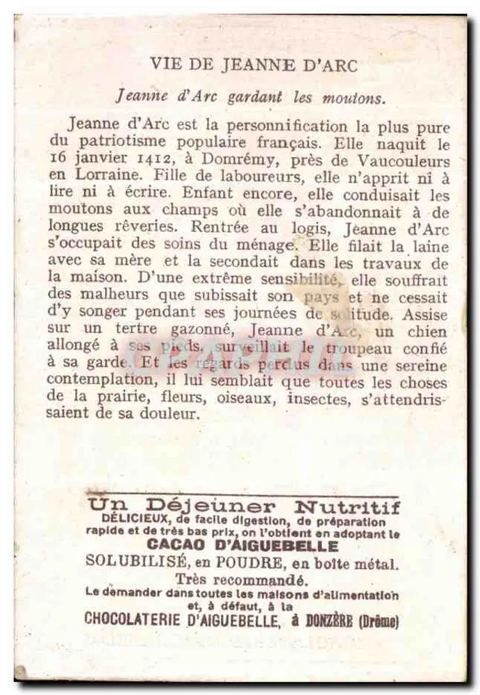 Jeanne d'Arc, die Schafe hütet — Verlag der Schokoladenfabrik Aiguebelle — Nr. 1 - Rückseite