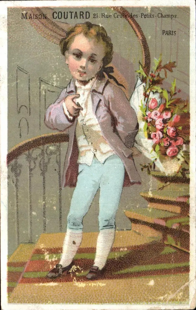Enfant en costume — sur escalier avec bouquet — Maison Coutard, 21 Rue Croix-des-Petits-Champs, Paris - Vorderseite