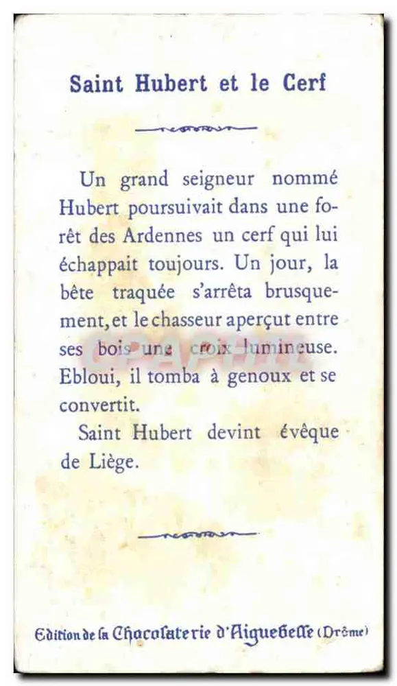 Heiliger Hubert und das Reh — Ausgabe der Schokoladenfabrik Aiguebelle (Drôme) - Rückseite