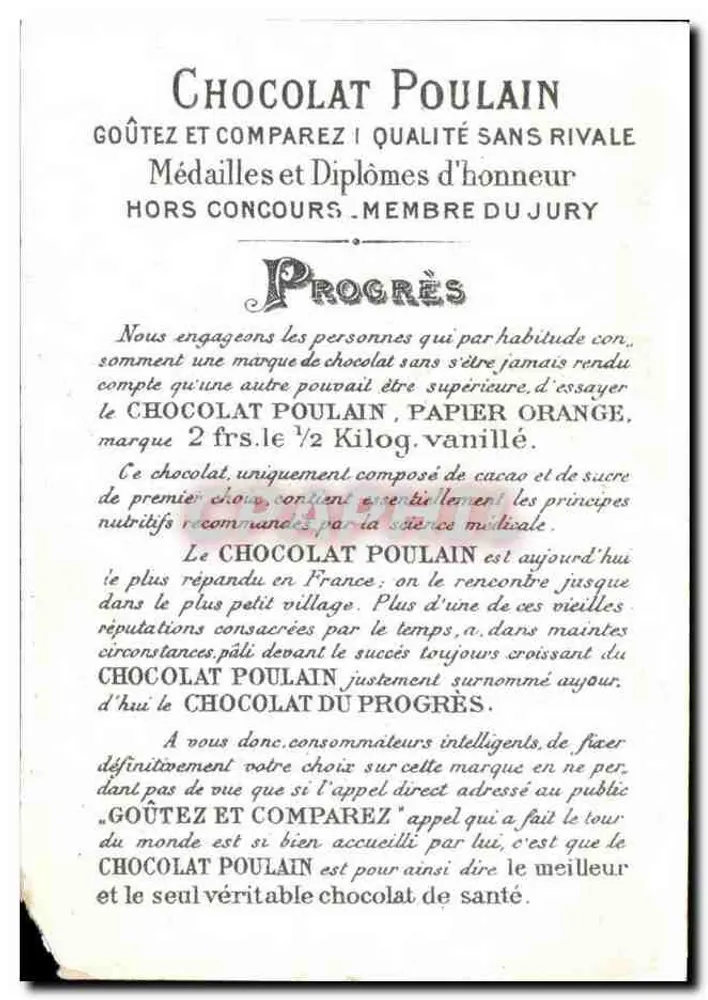 Chocolate Poulain — propaganda com paisagem marítima — editor não visível - Verso