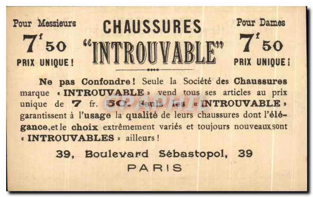 Schuhe 'Introuvable' — Werbung aus Paris — Société des Chaussures Introuvables, 39, Boulevard Sébastopol, Paris - Rückseite