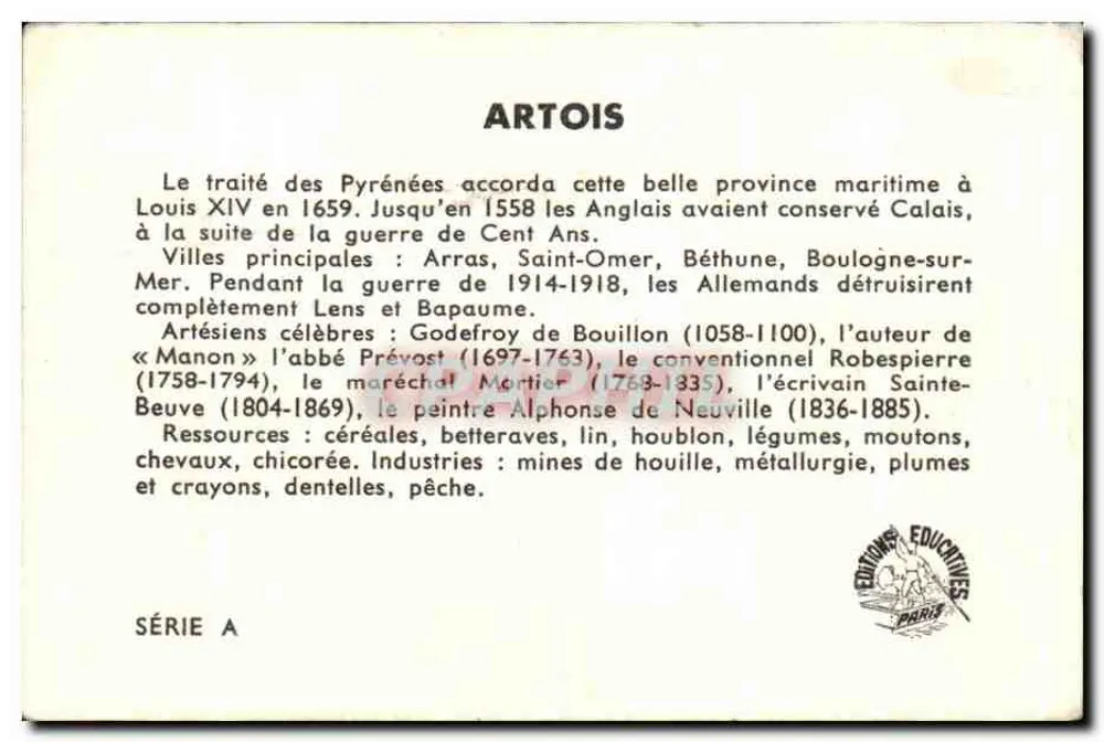 Artois — Província marítima concedida a Luís XIV em 1659 — Éditions Éducatives Paris, Série A - Verso