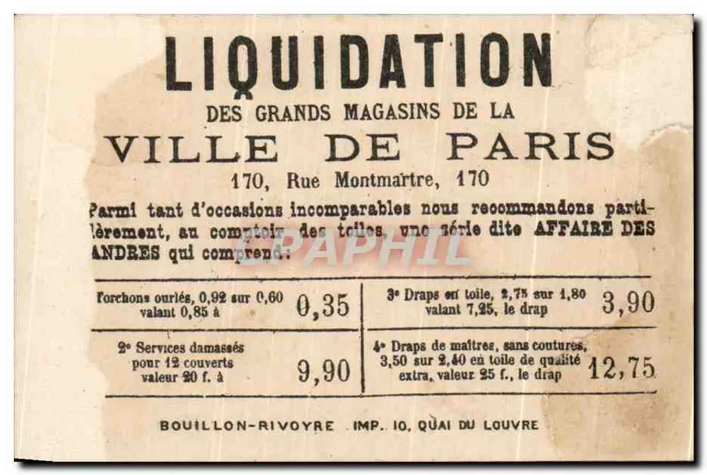 In der Stadt Paris — Verkauf mit Rabatt — Bouillon-Rivoyre, Imp. 10, Quai du Louvre - Rückseite