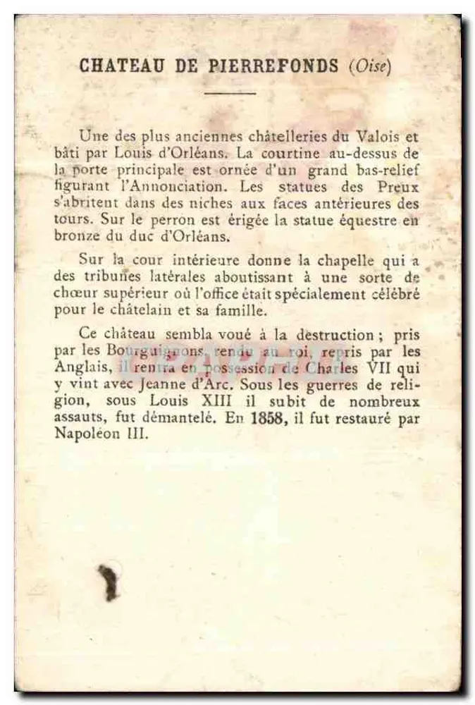 Château de Pierrefonds — scène de prise par les Bourguignons — éditeur : Château de Pierrefonds (Oise) - Verso
