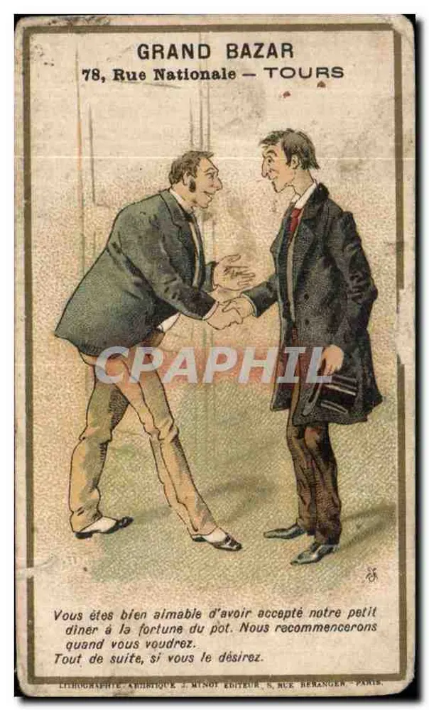 Deux hommes se serrant la main — scène de promotion commerciale — éditeur J. Minot, 5, rue Béranger, Paris - Vorderseite