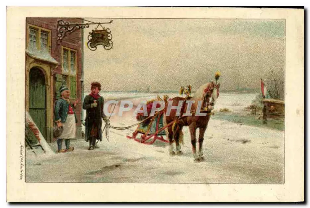 Winterlandschaft mit Schlitten — Zeichnung von J. van Ammers — Verleger nicht sichtbar - Vorderseite