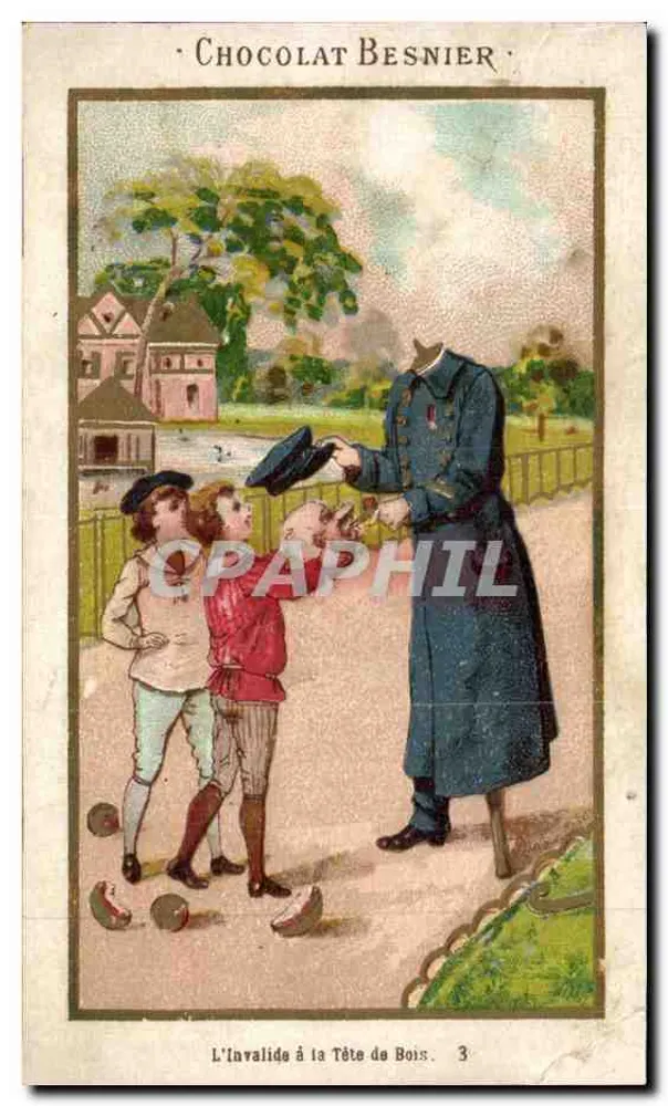 L'Invalide à la Tête de Bois — scène d'un invalide militaire offrant un chapeau à deux enfants — Chocolat Besnier, n°3 - Vorderseite