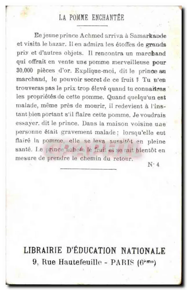 Le Prince Achmed et la Fée — La Pomme Enchantée — Librairie d'Éducation Nationale, N°4 - Verso