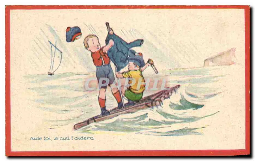 Zwei Jungen in Gefahr auf einem Floß — Illustration — Librairie d'Éducation Nationale, 9, rue Hautefeuille, Paris - Vorderseite