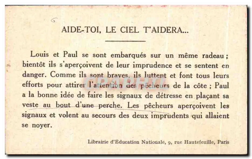 Zwei Jungen in Gefahr auf einem Floß — Illustration — Librairie d'Éducation Nationale, 9, rue Hautefeuille, Paris - Rückseite