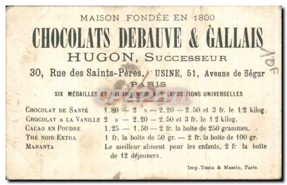Kind, das aus einem Ei hervorkommt — Chocolat Debauve & Gallais — Verlag Debauve & Gallais - Rückseite