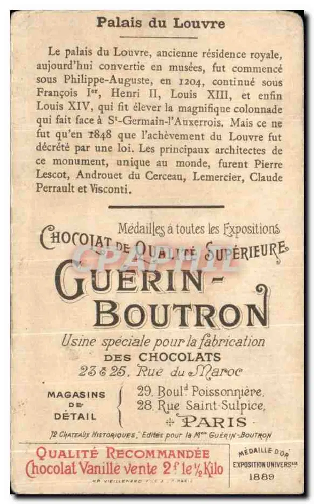 Palais du Louvre — historische Ansicht — Chocolat Guérin-Boutron, Nr. 1 - Rückseite