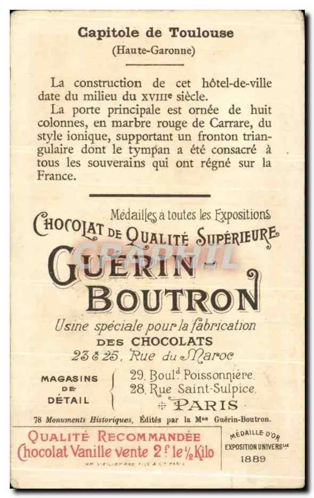 Capitole de Toulouse (Haute-Garonne) — ilustração publicitária para o chocolate Guérin-Boutron — n°26 - Verso