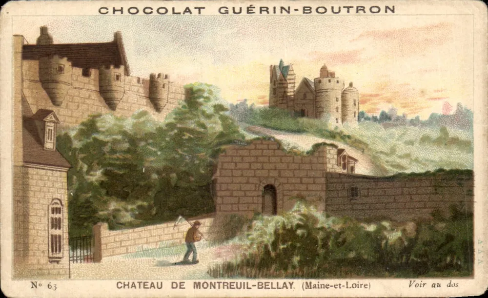 Schloss Montreuil-Bellay — Ansicht des Schlosses und seiner Mauern — Verlag Chocolat Guérin-Boutron, Nr. 63 - Vorderseite