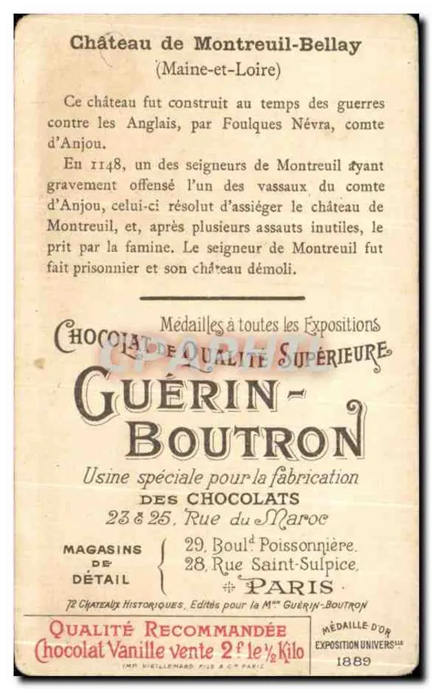 Schloss Montreuil-Bellay — Ansicht des Schlosses und seiner Mauern — Verlag Chocolat Guérin-Boutron, Nr. 63 - Rückseite