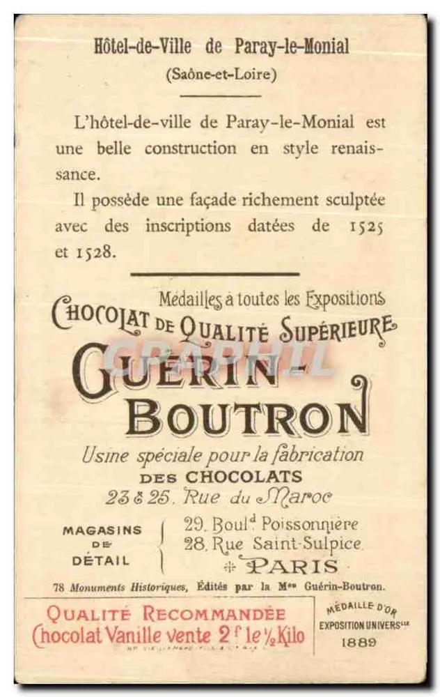 Hôtel-de-Ville de Paray-le-Monial — Renaissance-Stil — Chocolat Guérin-Boutron, N° 39 - Rückseite