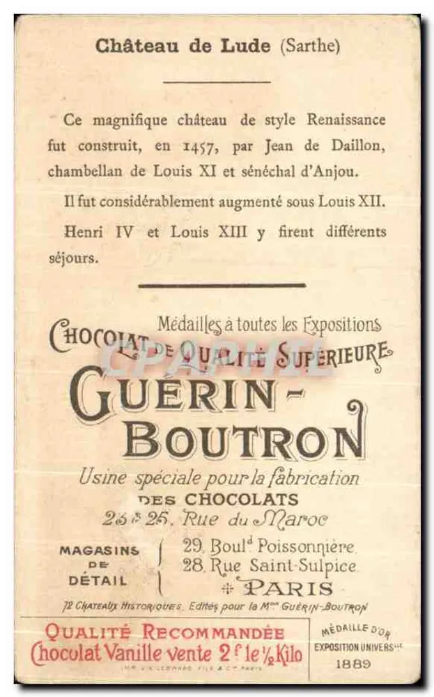 Castelo de Lude (Sarthe) — ilustração publicitária para o chocolate Guérin-Boutron — N° 26 - Verso