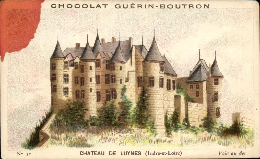 Château de Luynes — vue du château avec tours et façade — éditeur Chocolat Guérin-Boutron, n° 32 - Frente