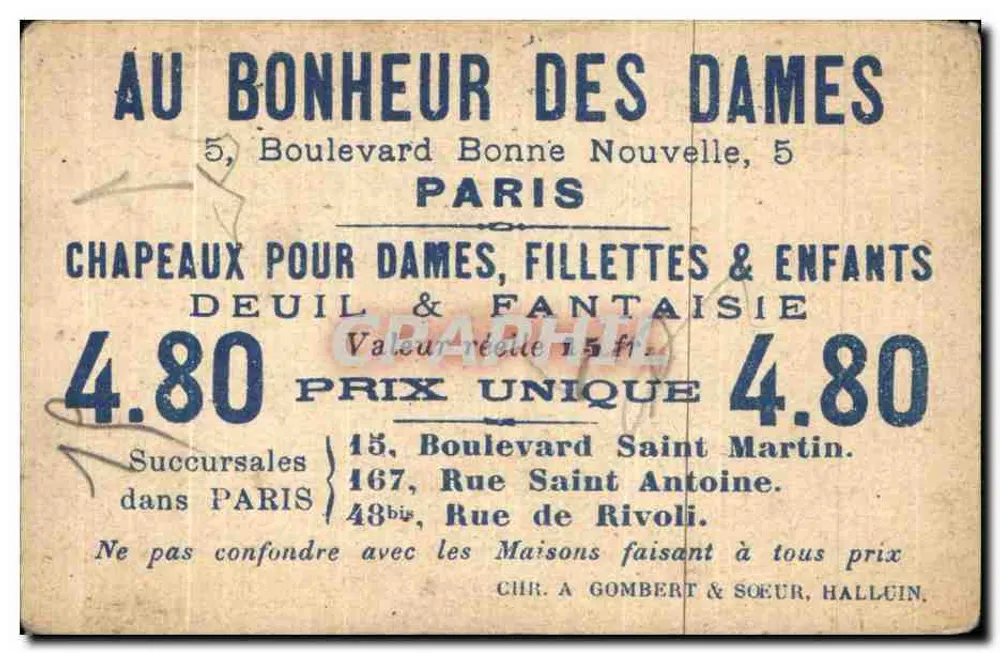 Zwei Damen im Gespräch — Werbung für 'Au Bonheur des Dames' — Verlag: CHR. A GOMBERT & SOEUR, HALLUIN - Rückseite