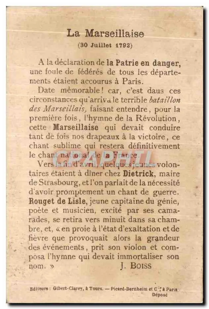 La Marseillaise — (30 Julho 1792) — Editores Gilbert-Clarey em Tours e Picard-Bernheim em Paris - Verso