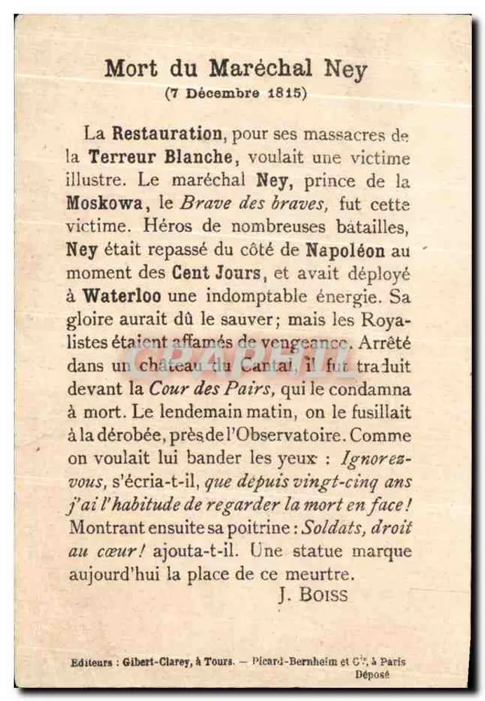 Mort du Maréchal Ney — scène de son exécution devant le château du Cantal — éditeur Gibert-Clarey, à Tours - Rückseite