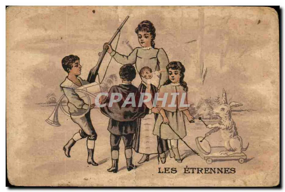 Les Étrennes — Szene von Kindern, die mit einem Hund spielen — Verlag L'AMERICAN STORE - Vorderseite