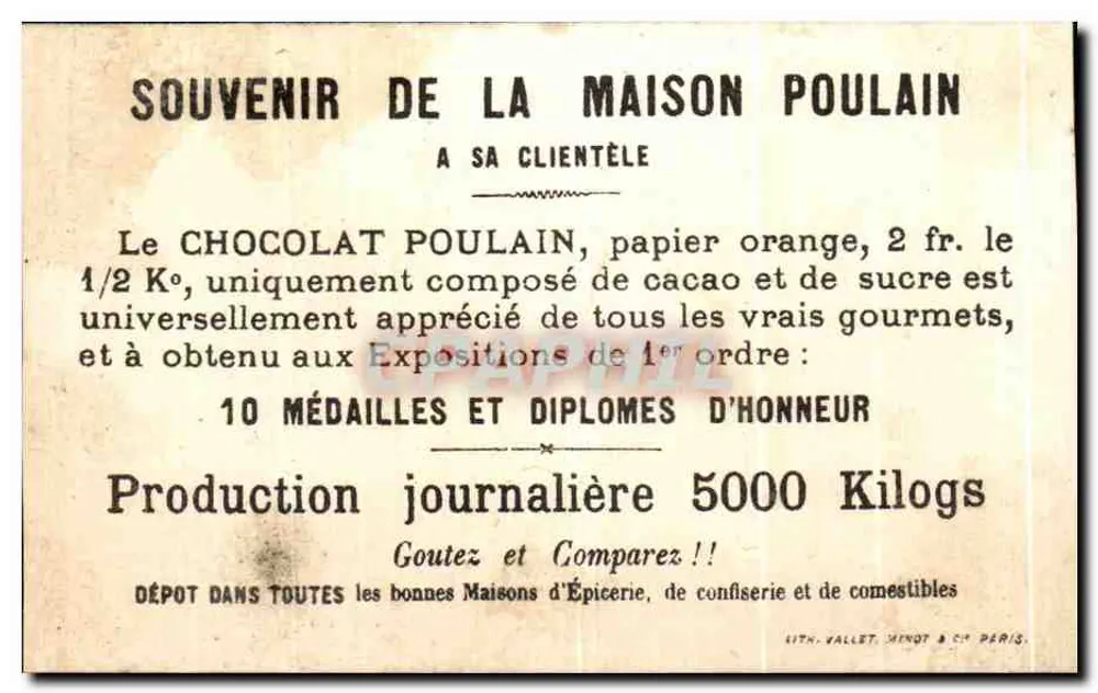 Chocolate Poulain — propaganda com criança e pássaros — Vallet, Minot & Cie, Paris - Verso