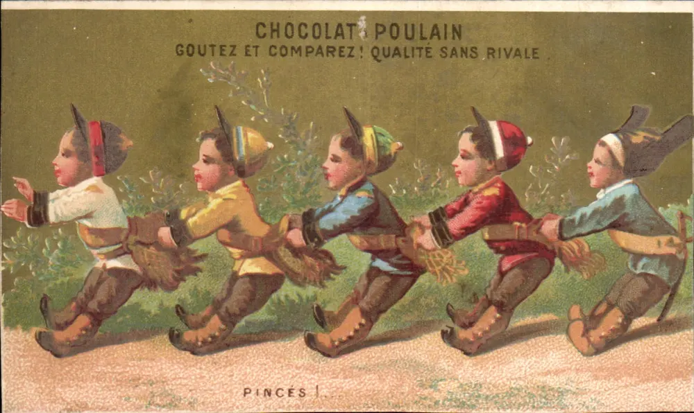 Fünf Kinder in bunt gefärbten Kleidern — Chocolat Poulain — Pincés - Vorderseite