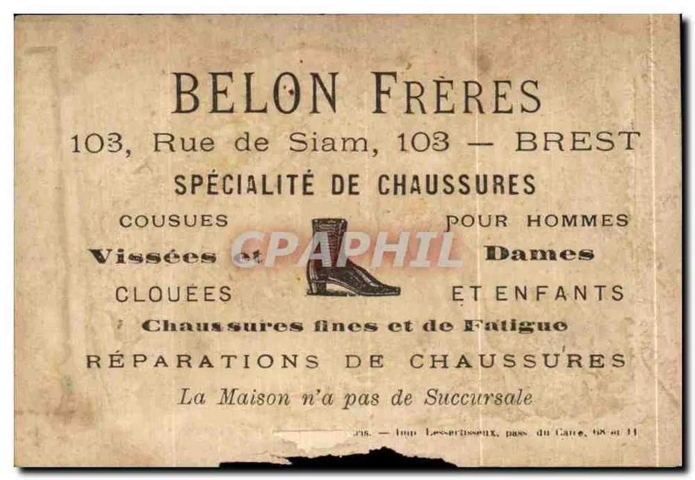 Deux enfants jouant avec des chaussures — BELON FRÈRES, 103, Rue de Siam, BREST - Rückseite
