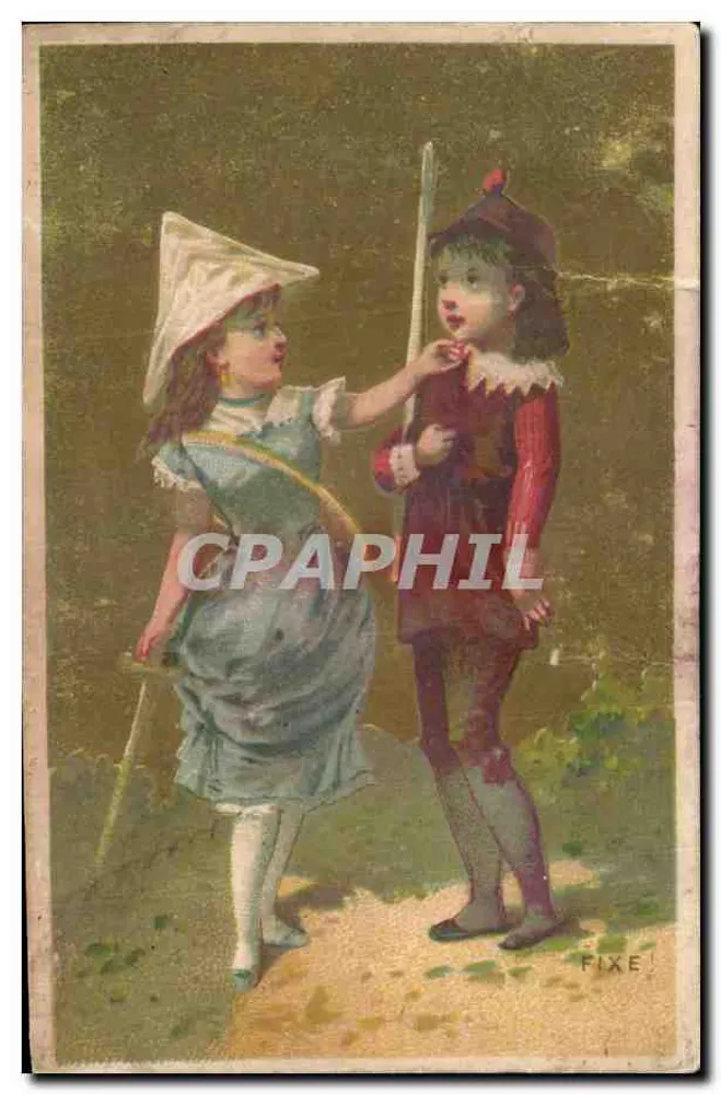 Carnavalsscene — meisje in boerenkleding en jongen in clownerenkostuum — uitgever Fixe - Voorkant