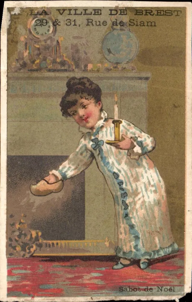 Enfant en robe de nuit tenant une bougie — scène de Noël — éditeur Sabot de Noël, n° 29 & 31 Rue de Siam - Vorderseite