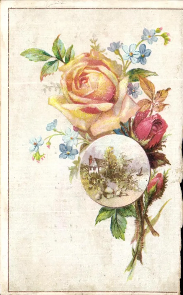 Bouquet aus Rosen und Blumen — Illustration mit Dorfszene — H. Weil, Schneider, Brest - Vorderseite