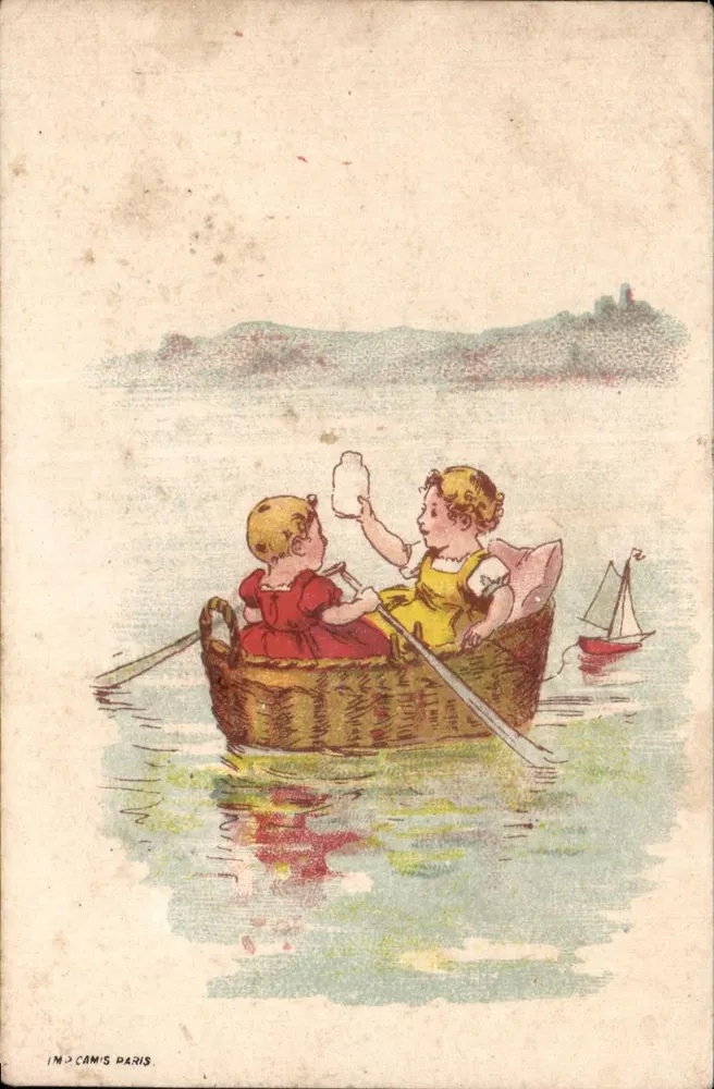 Dos niños en un cesto-boat — escena de río — IM. CAMIS PARIS - Anverso