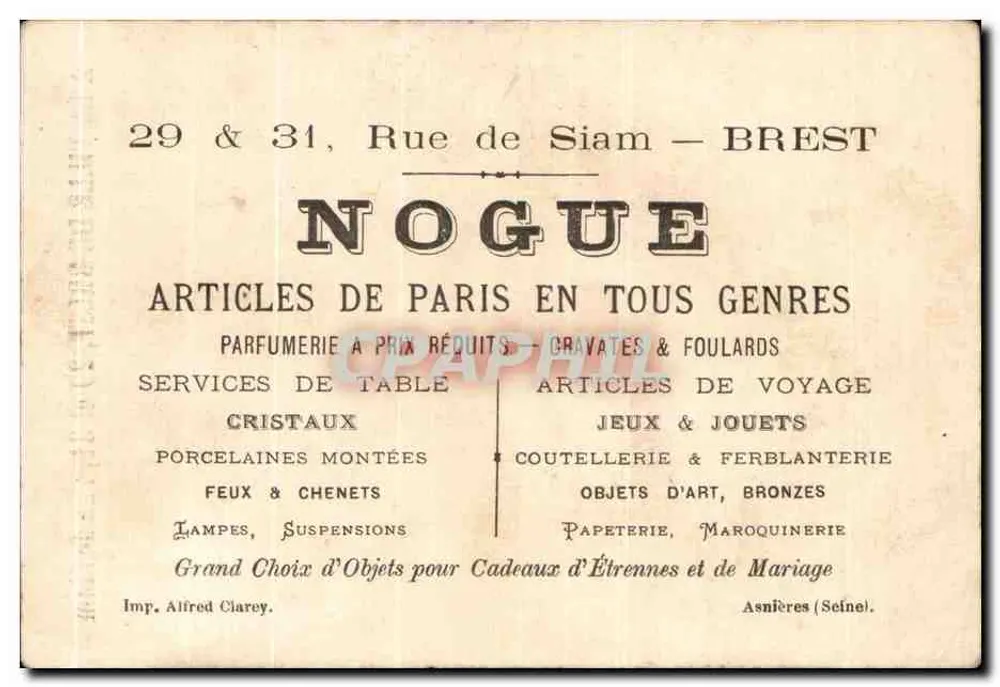 Fille en robe blanche et ceinture rose — devant un décor de fleurs — éditeur Noguë, 29 & 31 rue de Siam, Brest - Rückseite