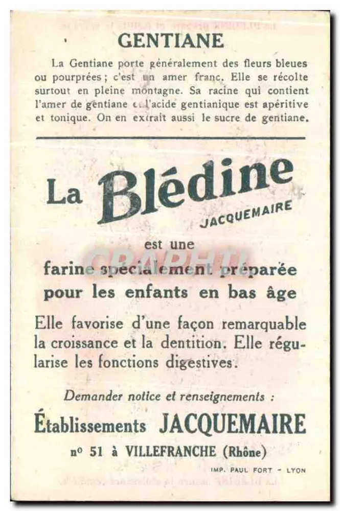 Gentiana — publicidade para a Blédine — Estabelecimentos Jacquemaire - Verso