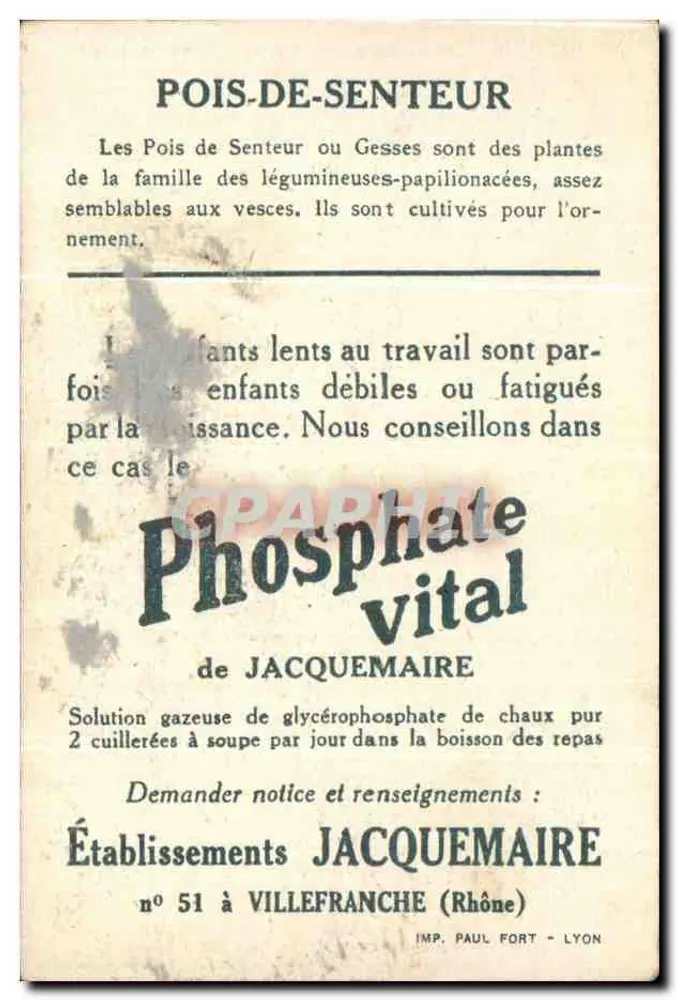 Pois de Senteur — publicidade para a Blédine e o Phosphate vital — Estabelecimentos Jacquemaire, Lyon - Verso