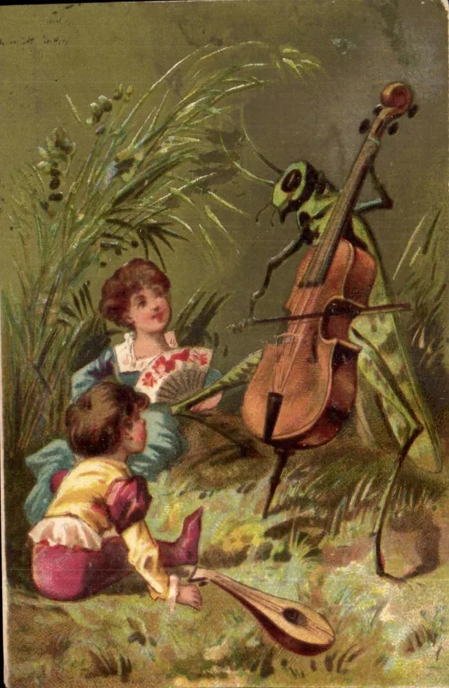 Crianças ouvindo uma grilo tocar violoncelo — ilustração fantástica — editor desconhecido - Frente
