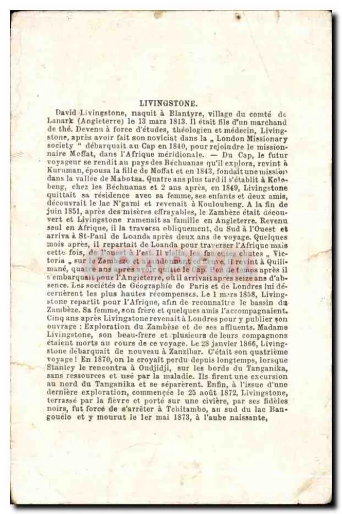 David Livingstone — portrait et chute de Victoria Falls — éditeur LIVINGSTONE imprimé sur la carte - Verso