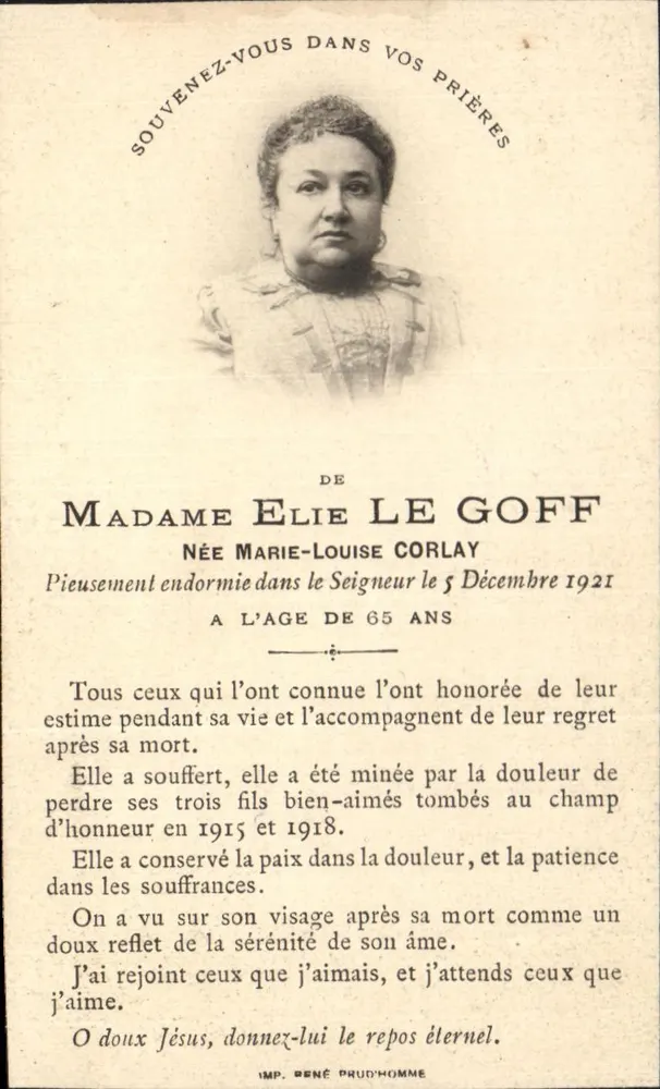 Madame Elie Le Goff — Geboren Marie-Louise Corlay — Gestorben am 5. Dezember 1921 — Imp. Béné Prud'homme - Vorderseite