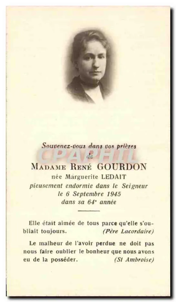 Madame René Gourdon — nacida Marguerite Ledait — fallecida el 6 de septiembre de 1945 — L. Lesort, editor, 5 rue de Grenelle, París - Anverso