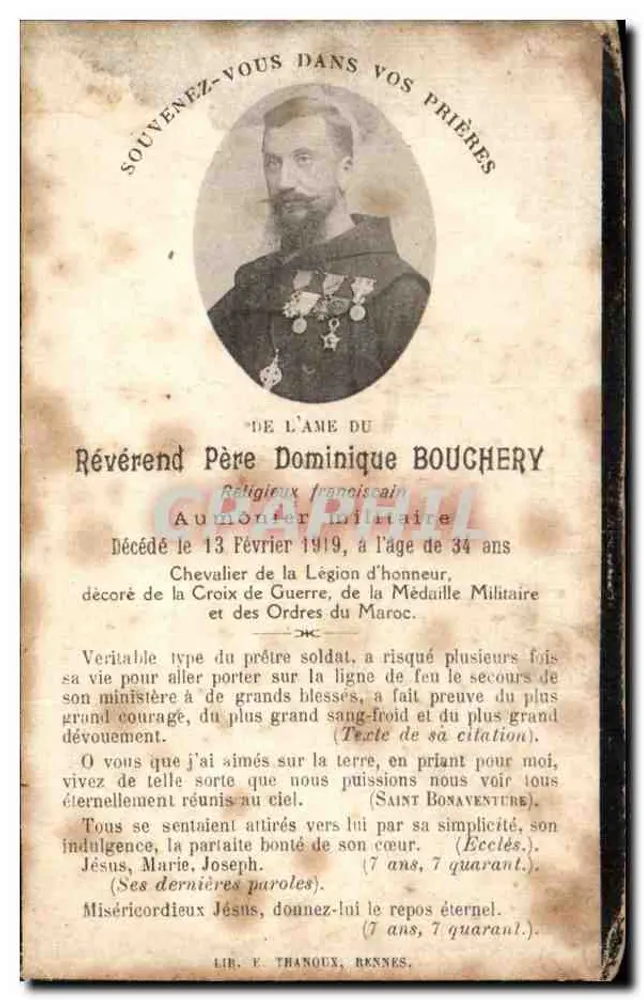 Reverend Pater Dominique Bouchery – Gestorben am 13. Februar 1919 – Verlag: Lib. E. Thanoux, Rennes - Vorderseite