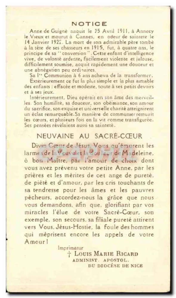 Anne de Guigné — Heilige kind — Héliog. A. Michel, 30 bis Pl. Bellecour Lyon - Achterkant