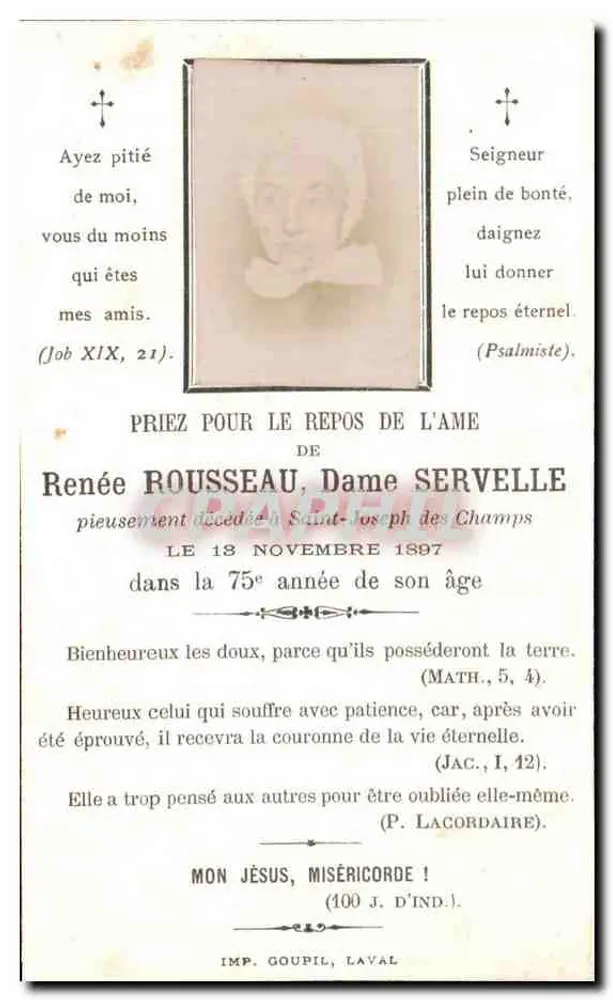 Dame SERVELLE — Renée ROUSSEAU — verstorben am 18. November 1897 in Saint-Joseph des Champs — IMP. GOUPIL, LAVAL - Vorderseite
