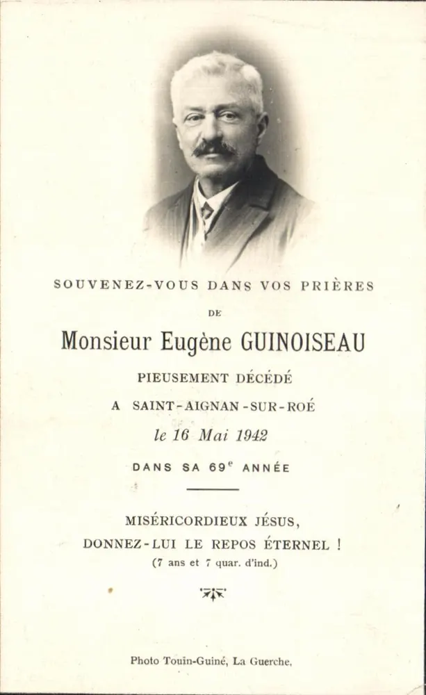 Herr Eugène Guinoiseau — verstorben in Saint-Aignan-sur-Roé am 16. Mai 1942 — Photo Touin-Guiné, La Guerche - Vorderseite