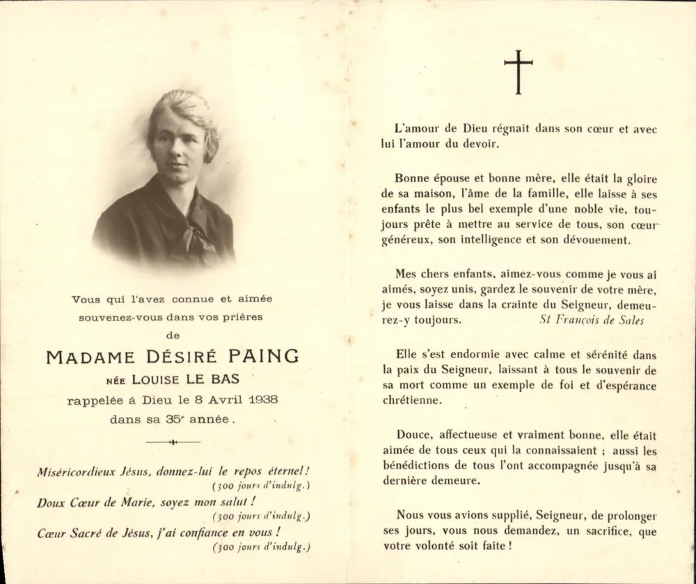Madame Désiré Paing — nacida Louise Le Bas — fallecida en 1938 — editor S. Bernard - Anverso